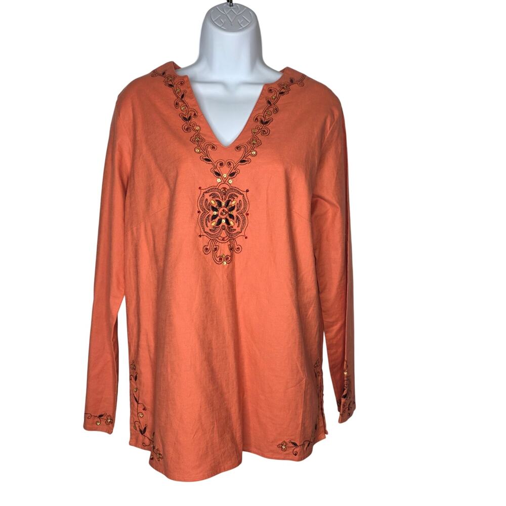 Susan Graver Embroidered V Neck Boho Tunic Size Small